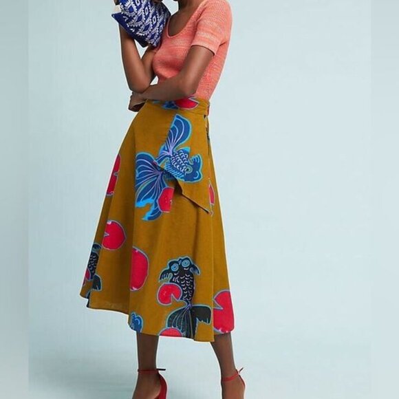 Eva Franco Dresses & Skirts - Eva Franco Betta Fish Printed A-Line Midi Skirt Size 4 Mustard Anthropologie